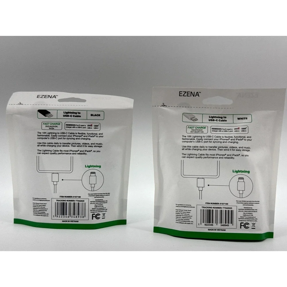 EZENA 10ft legacy Cable to USB C Lot of 2 Black White iPhone iPad Fast Charge